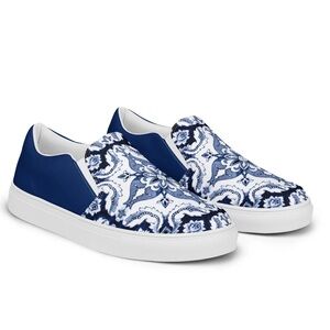Blue Patterned Slip-On Sneakers - Women